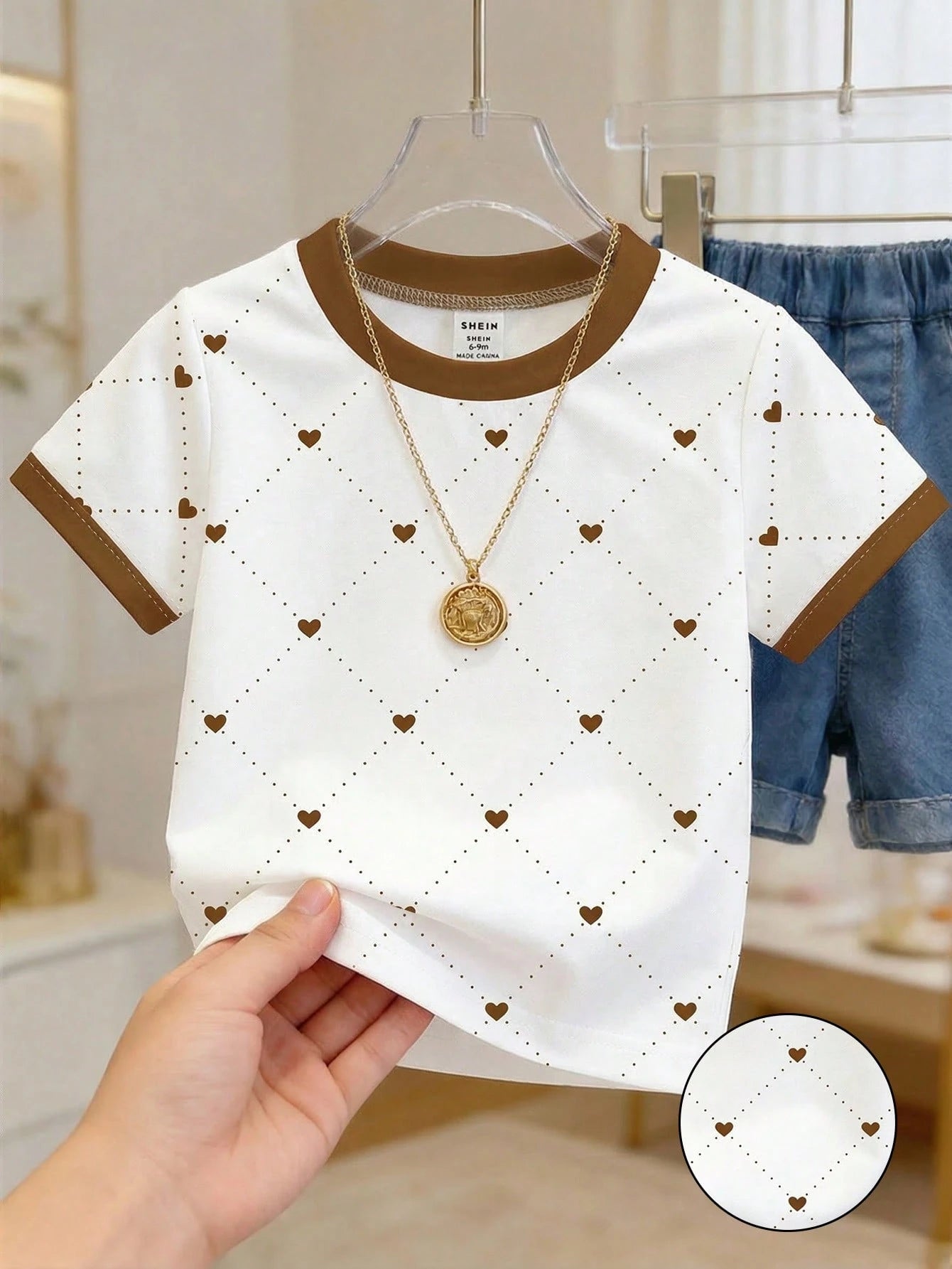 Playful Pals Baby Girl Heart Print Round Neck White And Brown Short Sleeve T-Shirt Baby/Toddler Clothing Summer Casual  Pullover Tee Fits 6M-3T