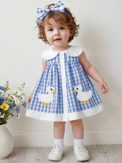 Playful Pals Baby Girl Summer Woven Dress, Blue Gingham Plaid Princess Cute Duck Embroidery Sleeveless Mid-Length For Casual Vintage Outdoor Party Holiday