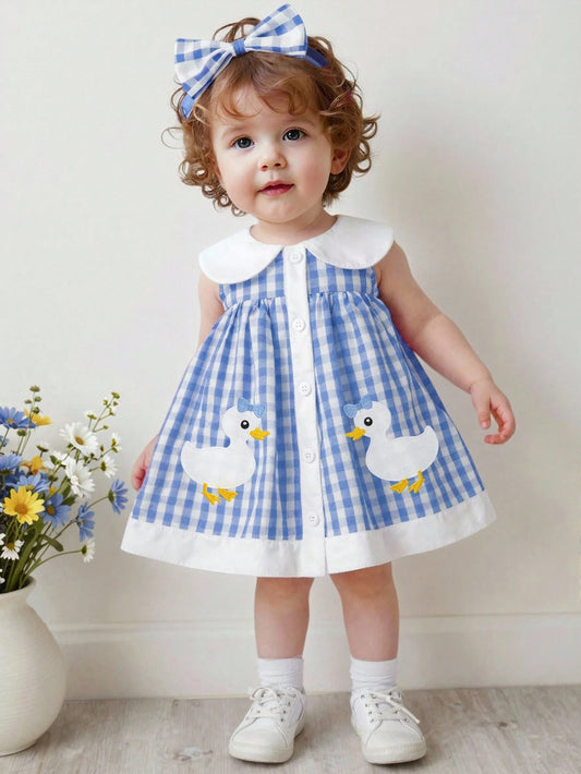 Playful Pals Baby Girl Summer Woven Dress, Blue Gingham Plaid Princess Cute Duck Embroidery Sleeveless Mid-Length For Casual Vintage Outdoor Party Holiday