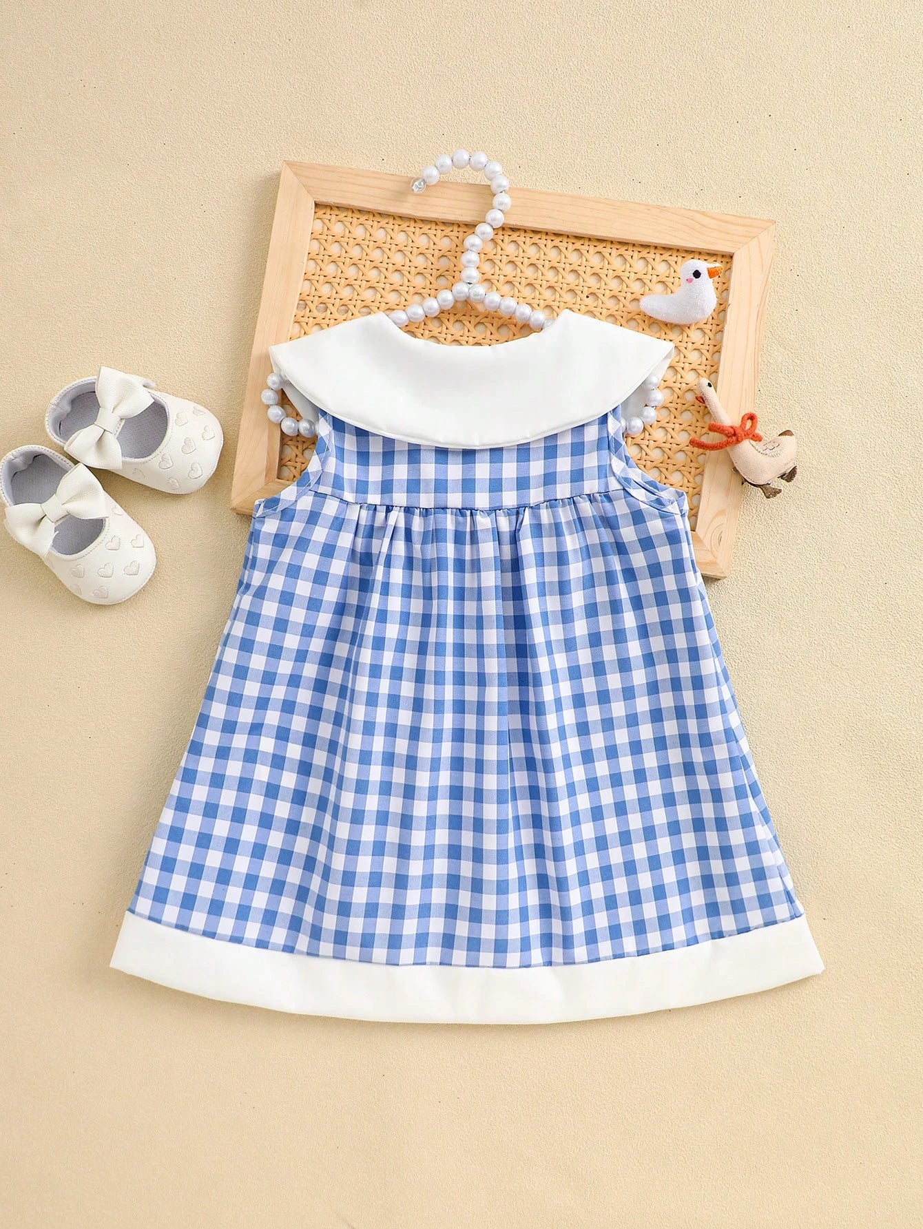 Playful Pals Baby Girl Summer Woven Dress, Blue Gingham Plaid Princess Cute Duck Embroidery Sleeveless Mid-Length For Casual Vintage Outdoor Party Holiday