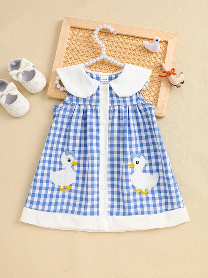 Playful Pals Baby Girl Summer Woven Dress, Blue Gingham Plaid Princess Cute Duck Embroidery Sleeveless Mid-Length For Casual Vintage Outdoor Party Holiday