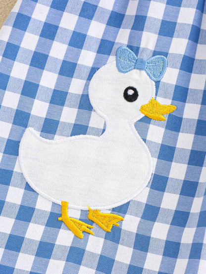 Playful Pals Baby Girl Summer Woven Dress, Blue Gingham Plaid Princess Cute Duck Embroidery Sleeveless Mid-Length For Casual Vintage Outdoor Party Holiday