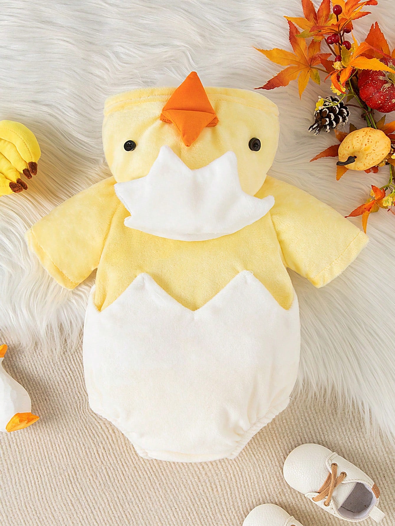 Playful Pals New Arrival 2024 Comfortable And Cute Baby Boys' Chick Shaped Hooded Bodysuit, Thermal Lined 2nd Birthday Wedding Guest White Autumn Cute