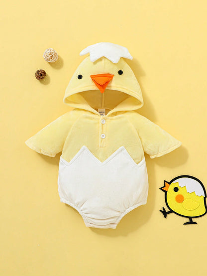Playful Pals New Arrival 2024 Comfortable And Cute Baby Boys' Chick Shaped Hooded Bodysuit, Thermal Lined 2nd Birthday Wedding Guest White Autumn Cute