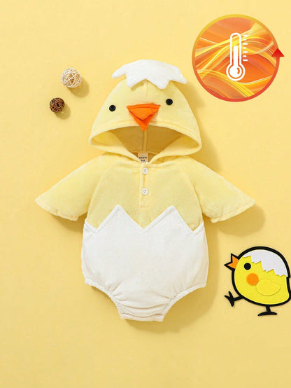 Playful Pals New Arrival 2024 Comfortable And Cute Baby Boys' Chick Shaped Hooded Bodysuit, Thermal Lined 2nd Birthday Wedding Guest White Autumn Cute