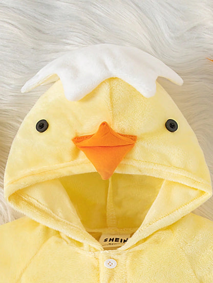 Playful Pals New Arrival 2024 Comfortable And Cute Baby Boys' Chick Shaped Hooded Bodysuit, Thermal Lined 2nd Birthday Wedding Guest White Autumn Cute
