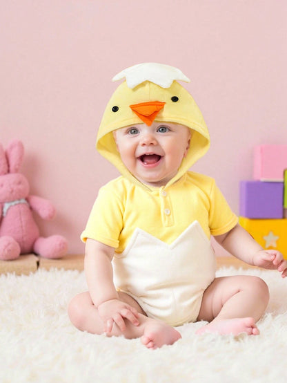 Playful Pals New Arrival 2024 Comfortable And Cute Baby Boys' Chick Shaped Hooded Bodysuit, Thermal Lined 2nd Birthday Wedding Guest White Autumn Cute