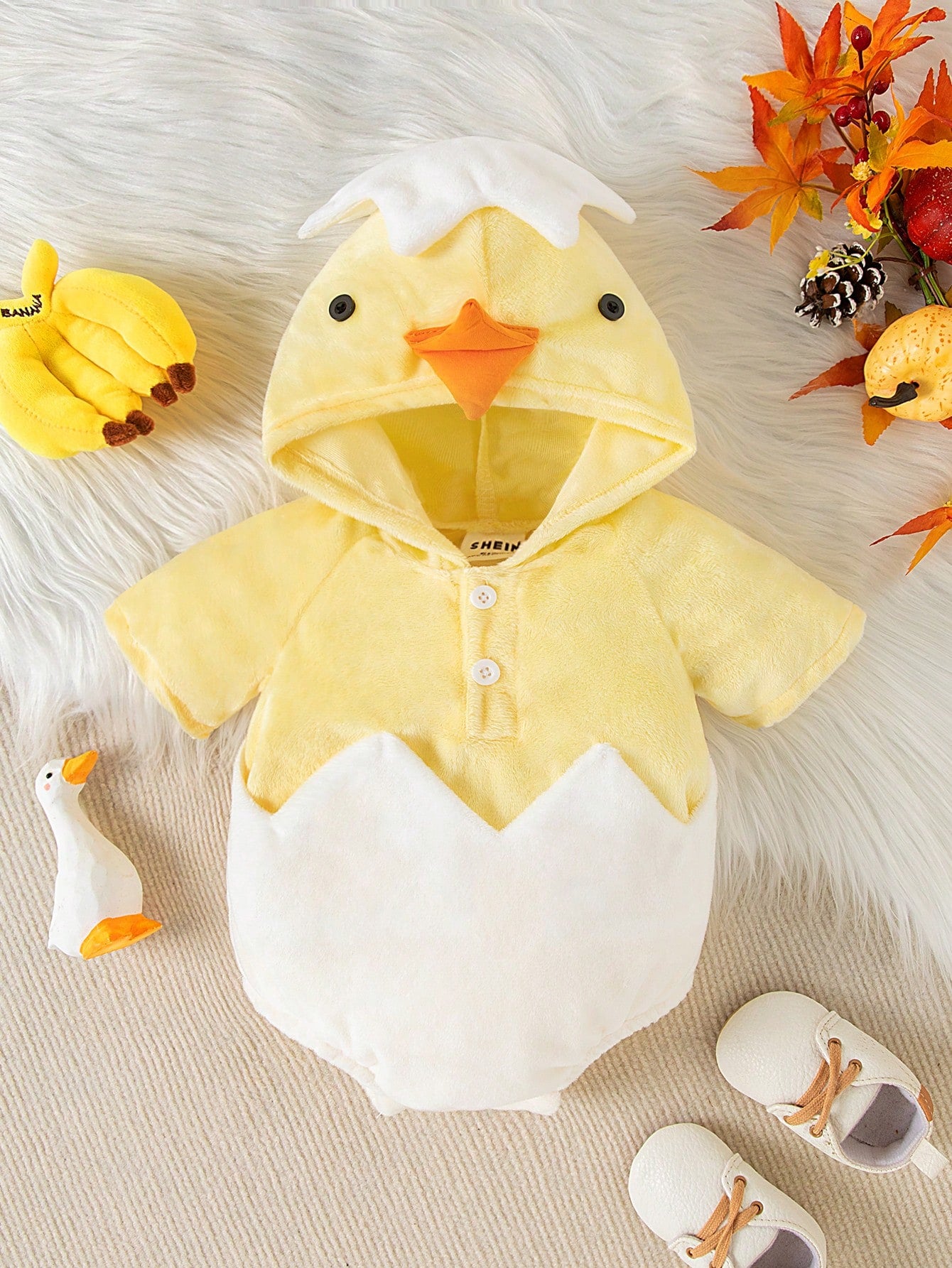 Playful Pals New Arrival 2024 Comfortable And Cute Baby Boys' Chick Shaped Hooded Bodysuit, Thermal Lined 2nd Birthday Wedding Guest White Autumn Cute