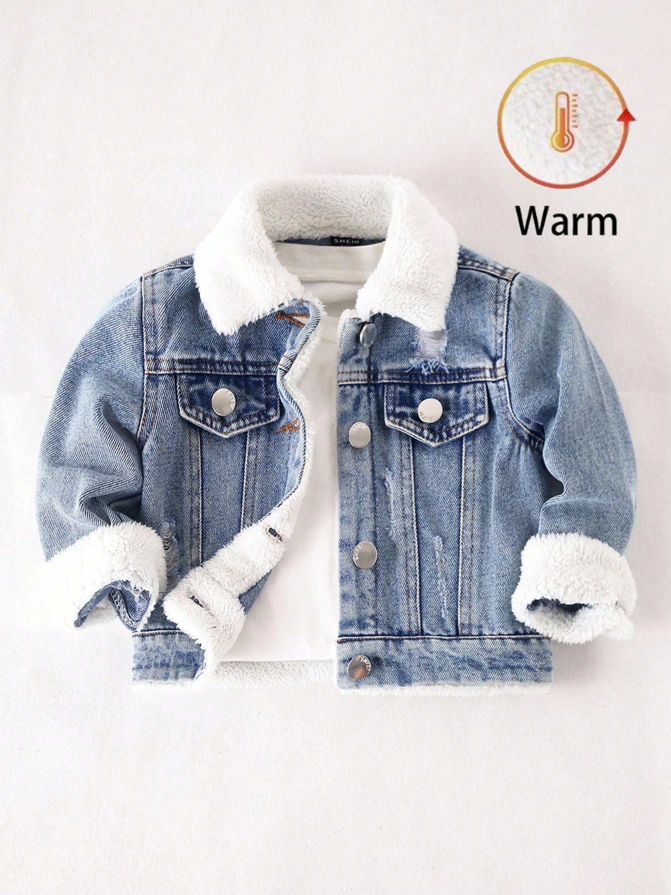 Playful Pals Newborn Baby Boy Washed Denim Jacket,Turndown Collar Warm Casual Winter Outwear,Minimalist Back-To-School Blue And White Stripe Loose Jacket For Fall