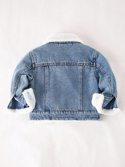 Playful Pals Newborn Baby Boy Washed Denim Jacket,Turndown Collar Warm Casual Winter Outwear,Minimalist Back-To-School Blue And White Stripe Loose Jacket For Fall