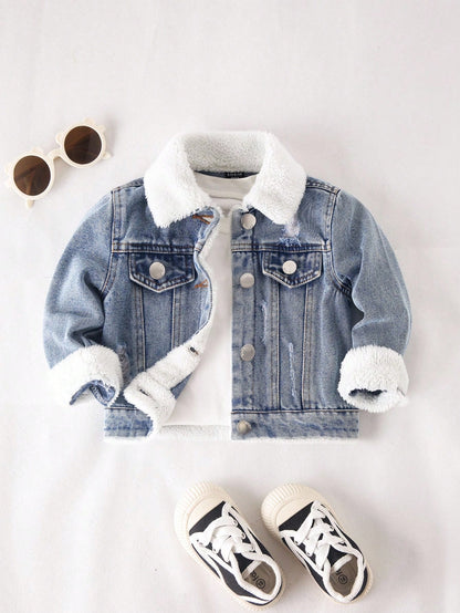 Playful Pals Newborn Baby Boy Washed Denim Jacket,Turndown Collar Warm Casual Winter Outwear,Minimalist Back-To-School Blue And White Stripe Loose Jacket For Fall