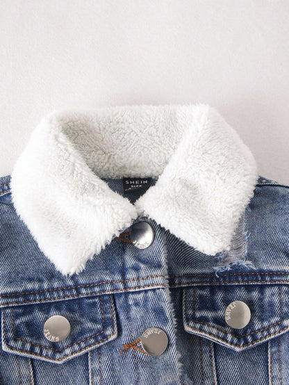 Playful Pals Newborn Baby Boy Washed Denim Jacket,Turndown Collar Warm Casual Winter Outwear,Minimalist Back-To-School Blue And White Stripe Loose Jacket For Fall