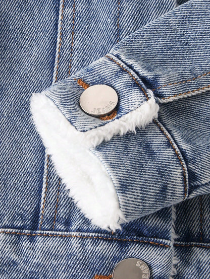 Playful Pals Newborn Baby Boy Washed Denim Jacket,Turndown Collar Warm Casual Winter Outwear,Minimalist Back-To-School Blue And White Stripe Loose Jacket For Fall