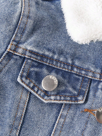 Playful Pals Newborn Baby Boy Washed Denim Jacket,Turndown Collar Warm Casual Winter Outwear,Minimalist Back-To-School Blue And White Stripe Loose Jacket For Fall