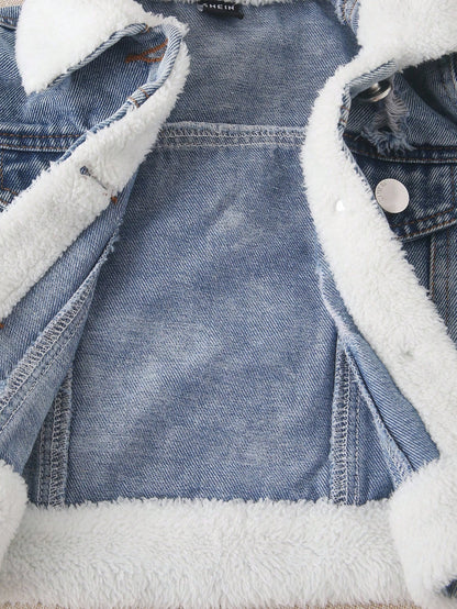 Playful Pals Newborn Baby Boy Washed Denim Jacket,Turndown Collar Warm Casual Winter Outwear,Minimalist Back-To-School Blue And White Stripe Loose Jacket For Fall