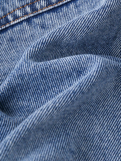Playful Pals Newborn Baby Boy Washed Denim Jacket,Turndown Collar Warm Casual Winter Outwear,Minimalist Back-To-School Blue And White Stripe Loose Jacket For Fall