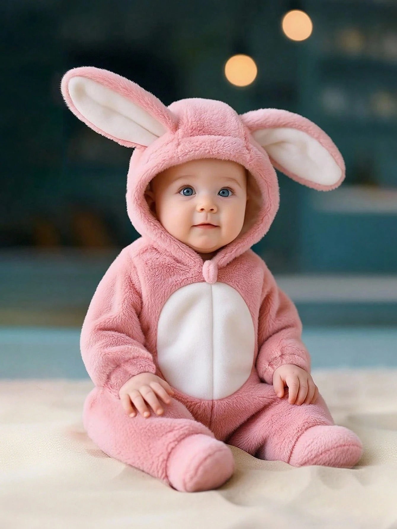 Playful Pals Newborn Fleece Hooded Romper With Cute 3D Rabbit Ears, Long Sleeve And Pants, Autumn Outfit For Kids Birthday Light Pink Kawaii