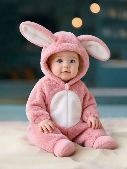 Playful Pals Newborn Fleece Hooded Romper With Cute 3D Rabbit Ears, Long Sleeve And Pants, Autumn Outfit For Kids Birthday Light Pink Kawaii