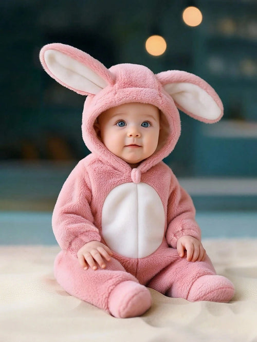 Playful Pals Newborn Fleece Hooded Romper With Cute 3D Rabbit Ears, Long Sleeve And Pants, Autumn Outfit For Kids Birthday Light Pink Kawaii