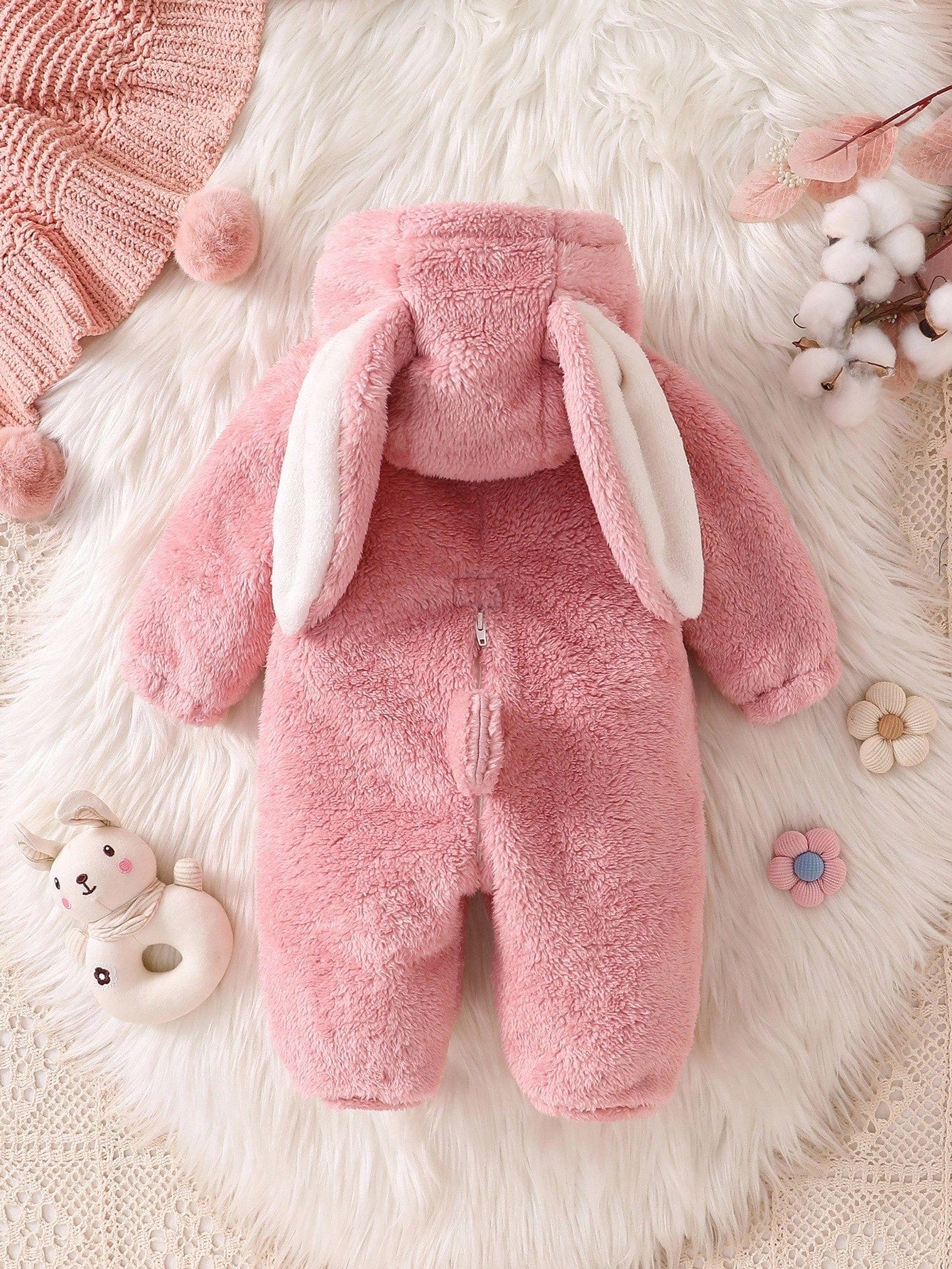 Playful Pals Newborn Fleece Hooded Romper With Cute 3D Rabbit Ears, Long Sleeve And Pants, Autumn Outfit For Kids Birthday Light Pink Kawaii