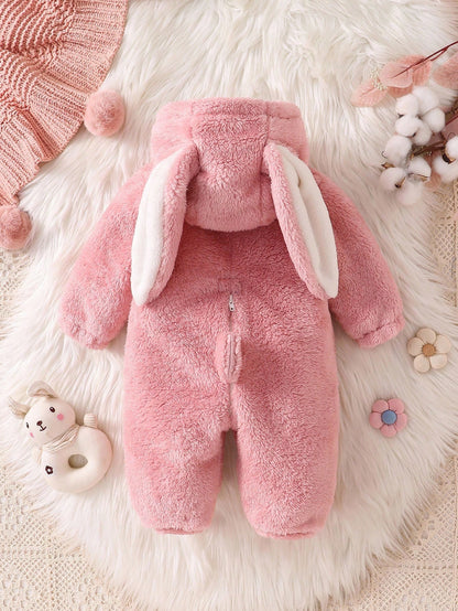 Playful Pals Newborn Fleece Hooded Romper With Cute 3D Rabbit Ears, Long Sleeve And Pants, Autumn Outfit For Kids Birthday Light Pink Kawaii