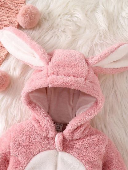 Playful Pals Newborn Fleece Hooded Romper With Cute 3D Rabbit Ears, Long Sleeve And Pants, Autumn Outfit For Kids Birthday Light Pink Kawaii