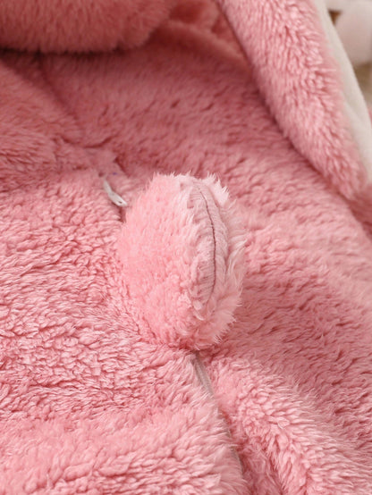 Playful Pals Newborn Fleece Hooded Romper With Cute 3D Rabbit Ears, Long Sleeve And Pants, Autumn Outfit For Kids Birthday Light Pink Kawaii
