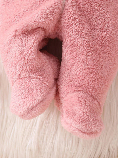 Playful Pals Newborn Fleece Hooded Romper With Cute 3D Rabbit Ears, Long Sleeve And Pants, Autumn Outfit For Kids Birthday Light Pink Kawaii