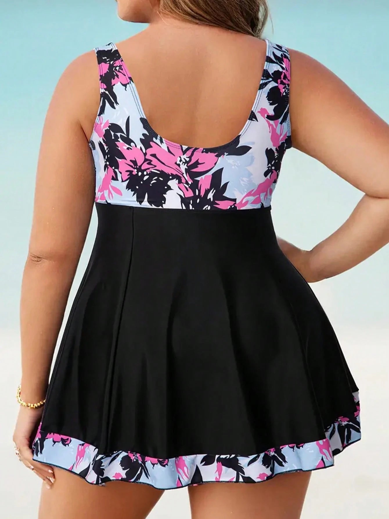 Plus Size Plant Print Front Knot Casual Tankini Swimsuit Set For Women Vacation Beach Black Summer