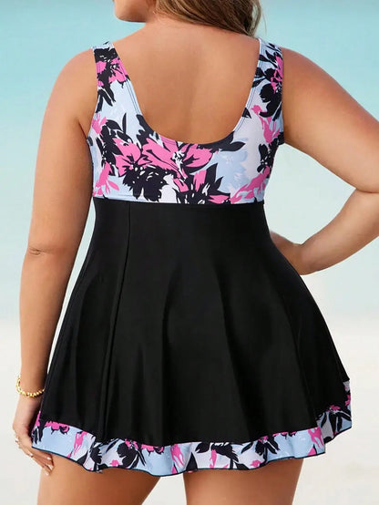 Plus Size Plant Print Front Knot Casual Tankini Swimsuit Set For Women Vacation Beach Black Summer