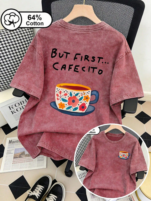 Plus-Size Plus Size Women's T-Shirt, Vintage Washed Coffee Pattern Double-Sided Printed Short-Sleeve T-Shirt, Coffee Lover Round-Neck Casual Top, Summer Top Red