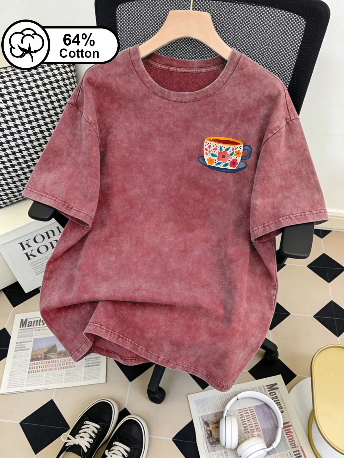 Plus-Size Plus Size Women's T-Shirt, Vintage Washed Coffee Pattern Double-Sided Printed Short-Sleeve T-Shirt, Coffee Lover Round-Neck Casual Top, Summer Top Red