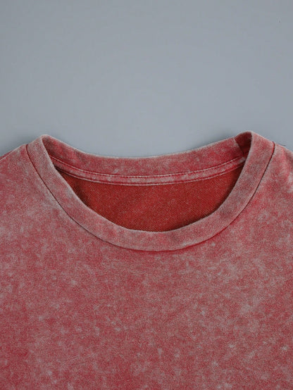 Plus-Size Plus Size Women's T-Shirt, Vintage Washed Coffee Pattern Double-Sided Printed Short-Sleeve T-Shirt, Coffee Lover Round-Neck Casual Top, Summer Top Red