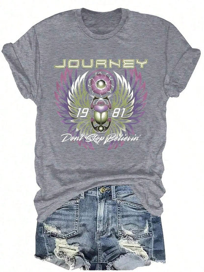 Plus Size- Rock Tradition, Journey 'Don't Stop Believin' 1981 Printed T-Shirt, Women's Short Sleeve Round Neck Casual Top, Suitable For Spring And