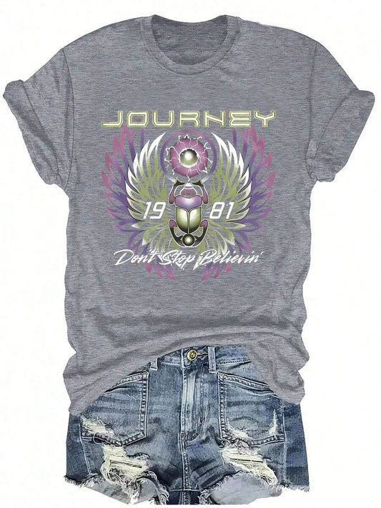 Plus Size- Rock Tradition, Journey 'Don't Stop Believin' 1981 Printed T-Shirt, Women's Short Sleeve Round Neck Casual Top, Suitable For Spring And
