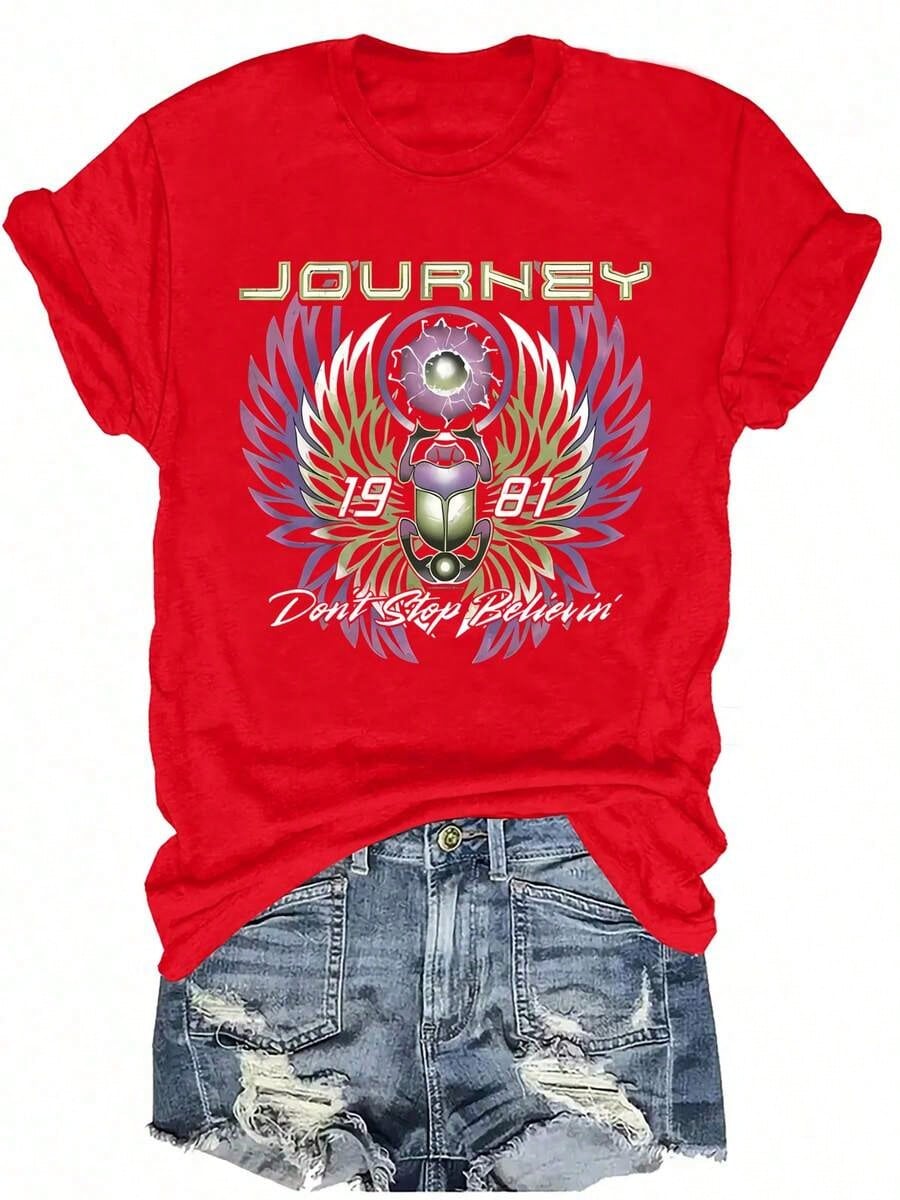 Plus Size- Rock Tradition, Journey 'Don't Stop Believin' 1981 Printed T-Shirt, Women's Short Sleeve Round Neck Casual Top, Suitable For Spring And