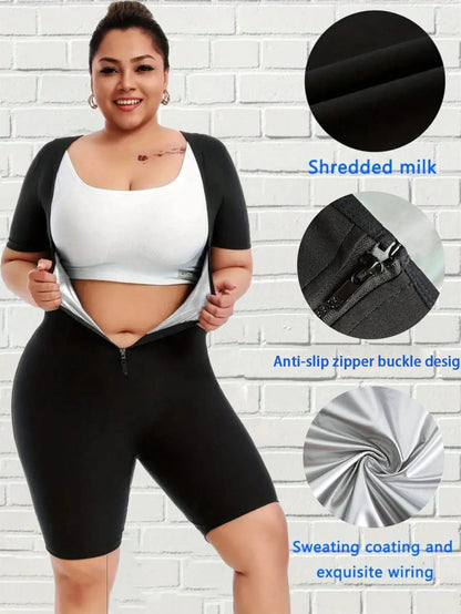 Plus Size Slimming & Shaping Compression Leggings- Shaping & Lifting, Non-Slip Design, Front Zipper, Short Sleeve, Comfortable Athletic Tights Fall