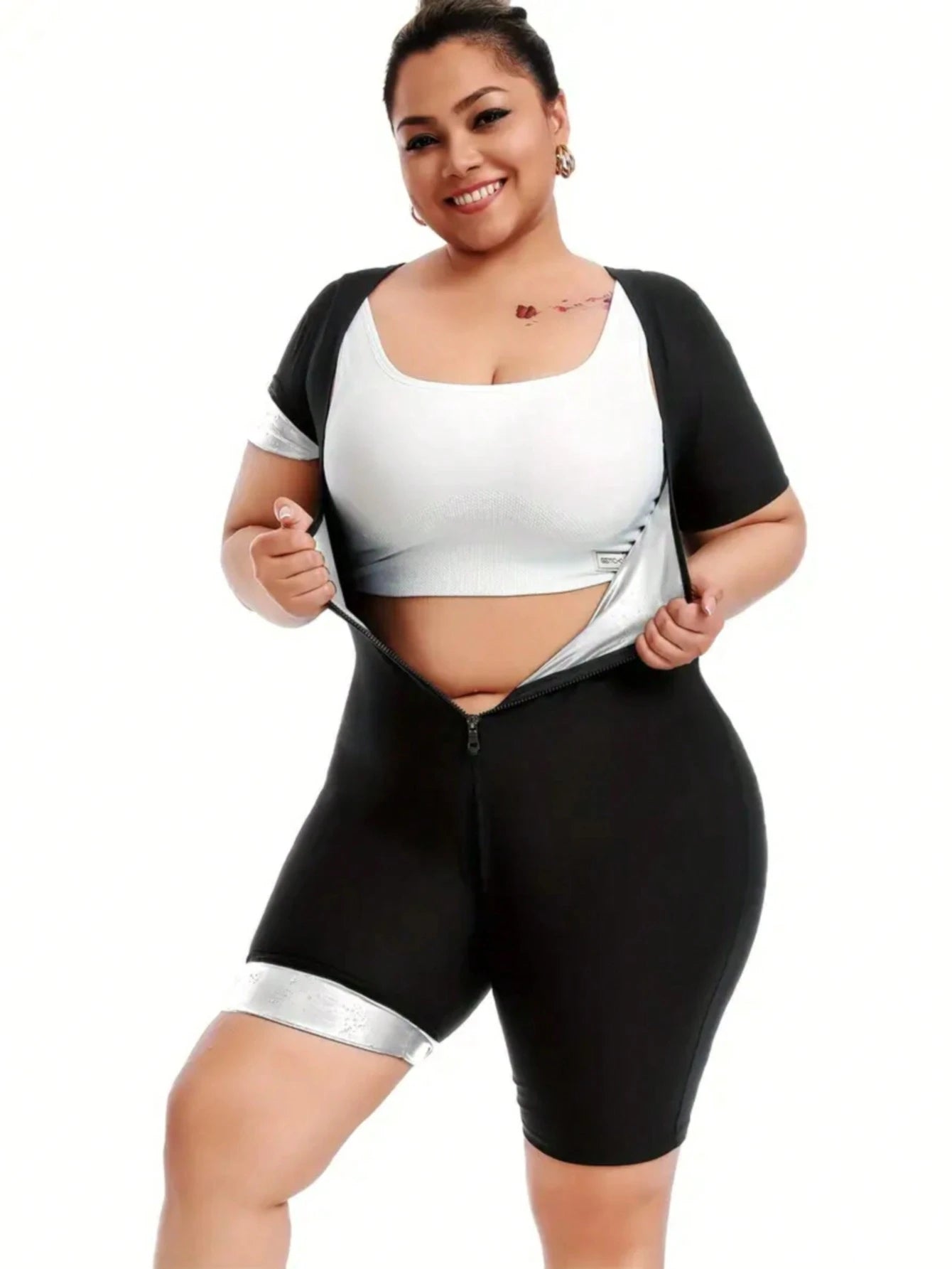 Plus Size Slimming & Shaping Compression Leggings- Shaping & Lifting, Non-Slip Design, Front Zipper, Short Sleeve, Comfortable Athletic Tights Fall