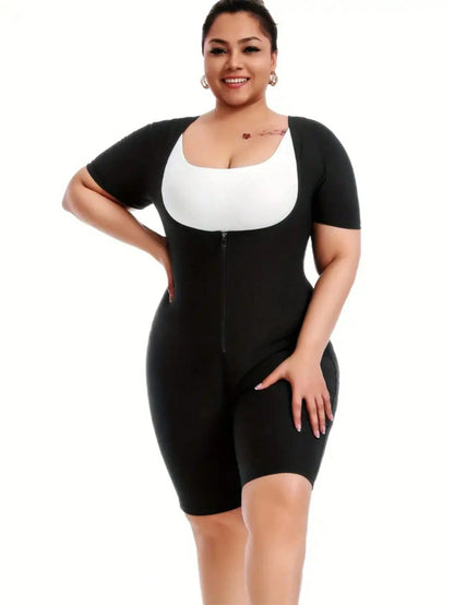 Plus Size Slimming & Shaping Compression Leggings- Shaping & Lifting, Non-Slip Design, Front Zipper, Short Sleeve, Comfortable Athletic Tights Fall