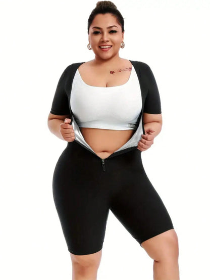 Plus Size Slimming & Shaping Compression Leggings- Shaping & Lifting, Non-Slip Design, Front Zipper, Short Sleeve, Comfortable Athletic Tights Fall