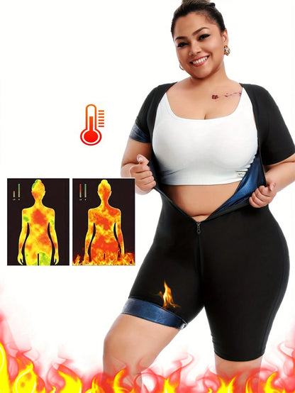 Plus Size Slimming & Shaping Compression Leggings- Shaping & Lifting, Non-Slip Design, Front Zipper, Short Sleeve, Comfortable Athletic Tights Fall