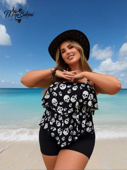 Plus Size Tankini Swimsuit For Woman Tummy Control Tiered Ruffle Tropical Print Bathing Suit With Boy Shorts Swimwear Plus Size Bikini Alternative