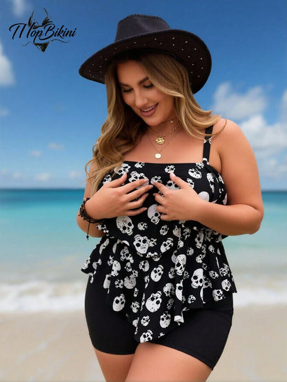 Plus Size Tankini Swimsuit For Woman Tummy Control Tiered Ruffle Tropical Print Bathing Suit With Boy Shorts Swimwear Plus Size Bikini Alternative