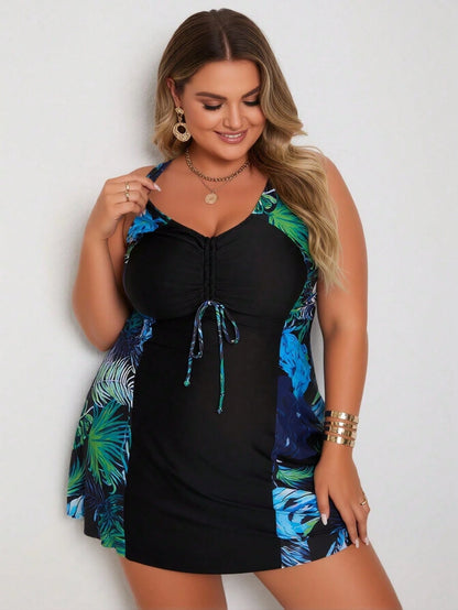 Plus Size Tankini Top With Tropical Print And V-Neck, Ruched Detail Swim Skirt, And Slight Stretch Fabric For A Casual Beach Look