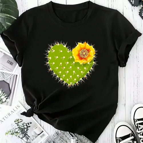 Plus Size Women Black Loose Short Sleeve T-Shirt, Cactus Heart Desert Flower Geometric Graphic, Soft Comfortable Lightweight Top For Summer Daily Wear