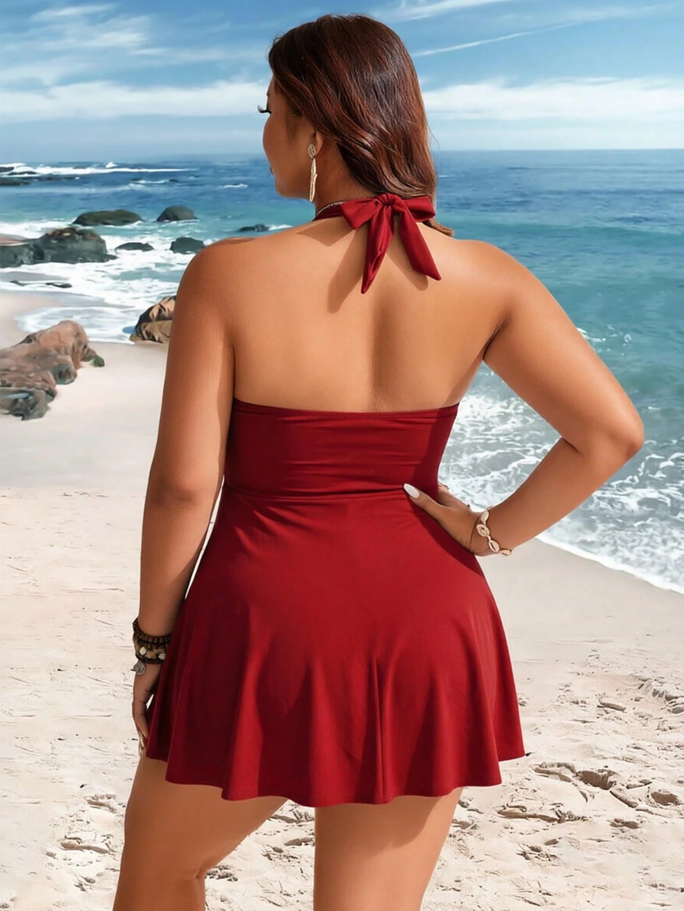 Plus Size Women's 2-Piece Striped Print Waist Ruched Halter Tankini Swimwear, Mature Minimalist Casual Resort Swimwear