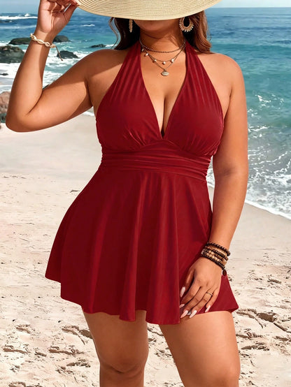 Plus Size Women's 2-Piece Striped Print Waist Ruched Halter Tankini Swimwear, Mature Minimalist Casual Resort Swimwear