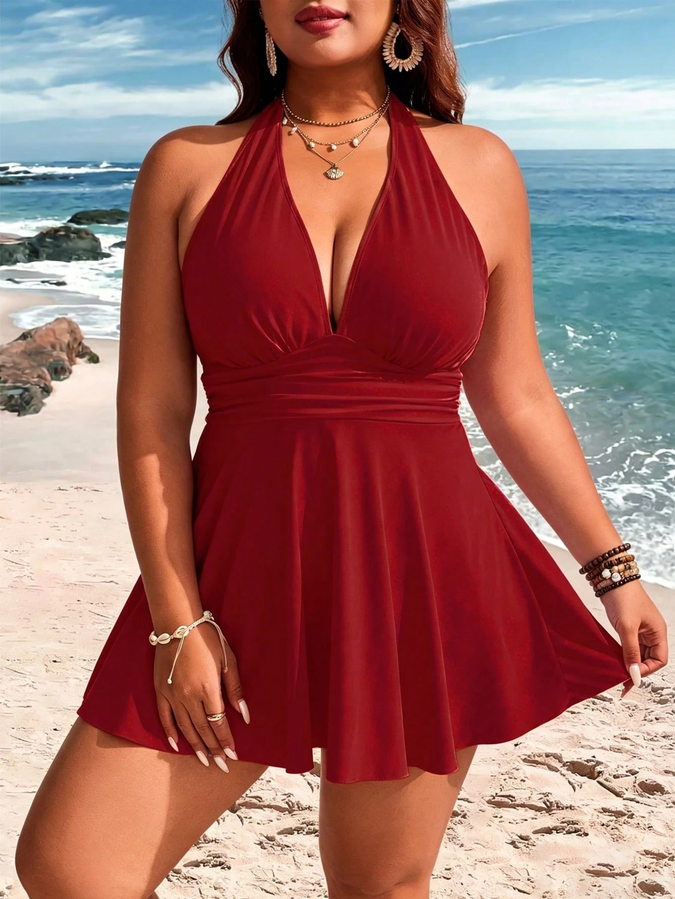 Plus Size Women's 2-Piece Striped Print Waist Ruched Halter Tankini Swimwear, Mature Minimalist Casual Resort Swimwear