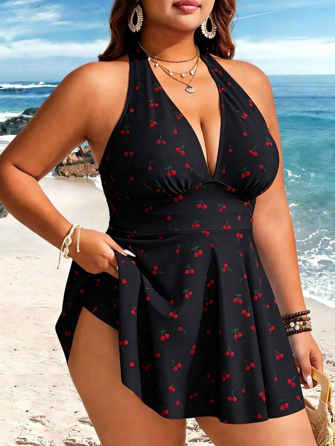 Plus Size Women's 2-Piece Striped Print Waist Ruched Halter Tankini Swimwear, Mature Minimalist Casual Resort Swimwear