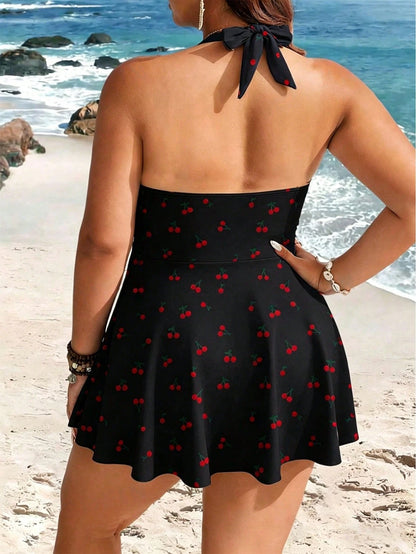 Plus Size Women's 2-Piece Striped Print Waist Ruched Halter Tankini Swimwear, Mature Minimalist Casual Resort Swimwear